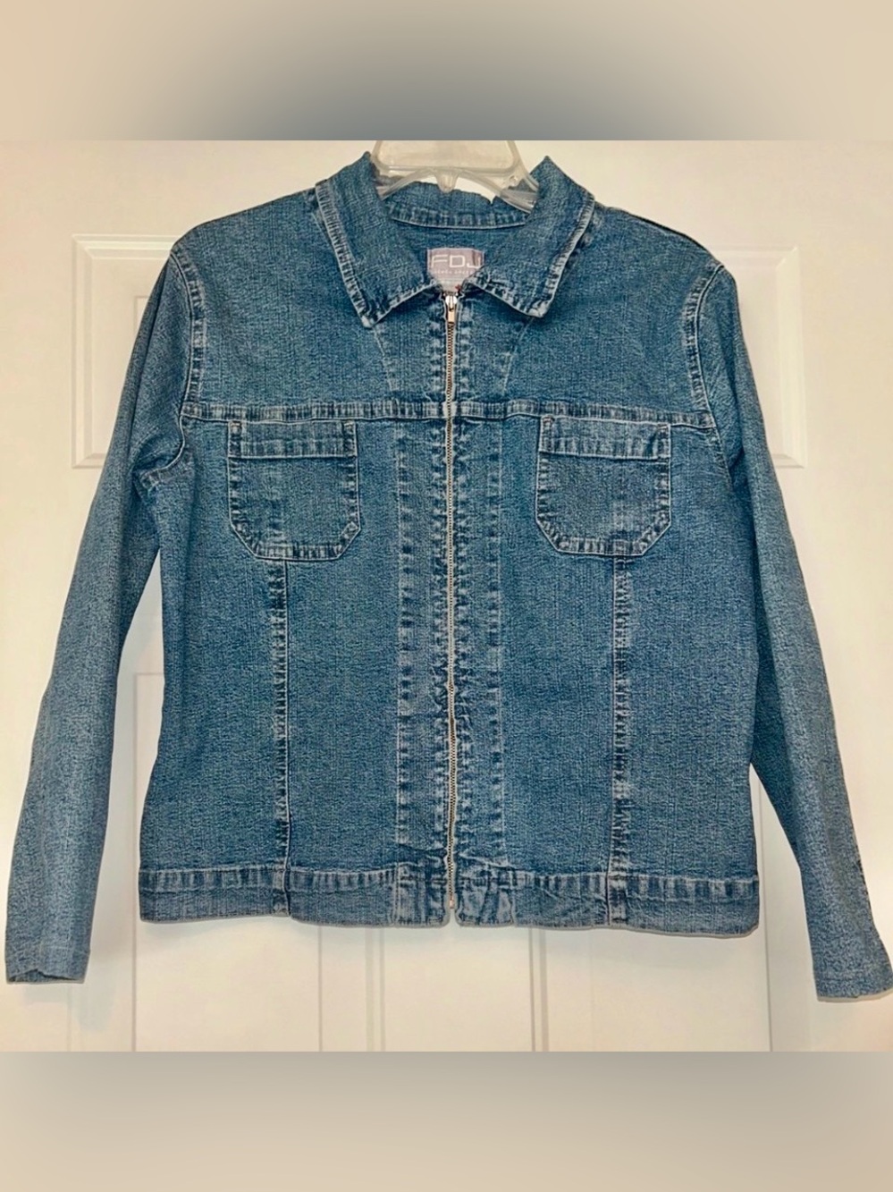 FDJ French Dressing Y2K Zip Front Denim Jacket 12 Medium Wash Vintage Timeless